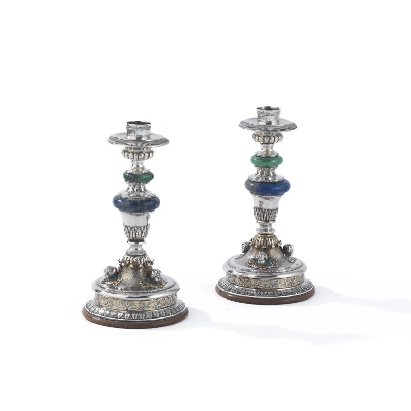 PAIR OF SILVER AND SEMIPRECIOUS STONES CANDLESTICKS, PONTIFICAL STATE, END OF 19TH CENTURY  - Auction TIME AUCTION| SILVER - Pandolfini Casa d'Aste