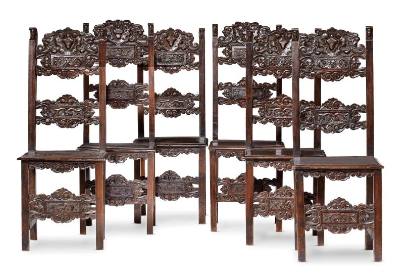      GRUPPO DI SEI SEDIE IN STILE LOMBARDO DEL SEICENTO   - Auction Online Auction | Furniture and Works of Art from private collections and from a Veneto property - part three - Pandolfini Casa d'Aste