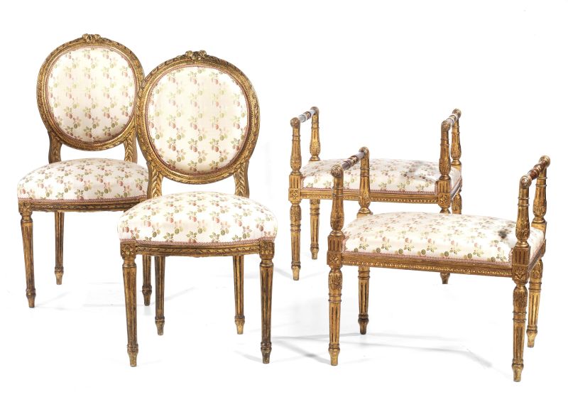      COPPIA DI SEDIE E COPPIA DI PANCHETTI IN STILE LUIGI XVI    - Auction Online Auction | Furniture and Works of Art from private collections and from a Veneto property - part three - Pandolfini Casa d'Aste