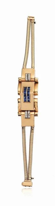 BRACCIALE &ndash; OROLOGIO, ANNI &rsquo;40, IN ORO ROSA 14 KT, ZAFFIRI E DIAMANTI  - Auction FINE JEWELS AND WATCHES - Pandolfini Casa d'Aste