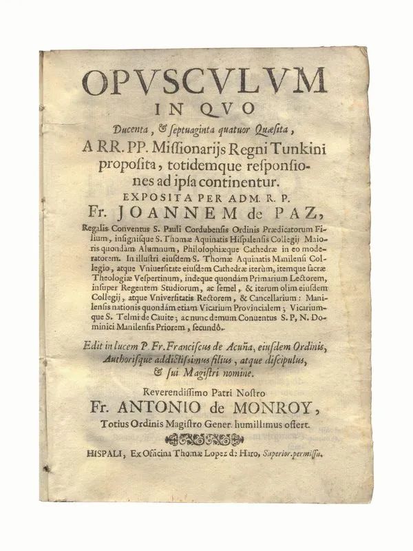 (Viaggio&nbsp; Vietnam) PAZ, Juan de la. Opusculum in quo ducenta, &amp; septuaginta  - Auction Old and Modern Master Prints and Drawings-Books - Pandolfini Casa d'Aste