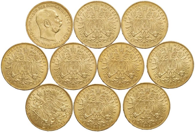 AUSTRIA. DIECI MONETE DA 20 CORONE  - Auction COINS  OF MILAN, HOUSE OF SAVOY, ZECCHINI AND GOLD OSELLE OF VENICE - Pandolfini Casa d'Aste