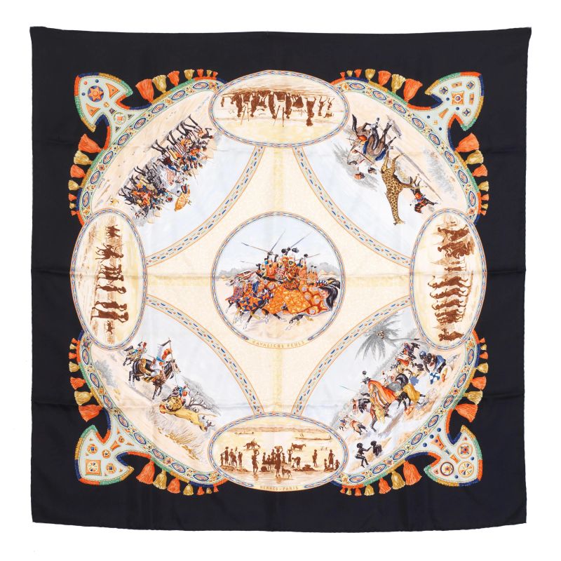 Hermes : HERMES SILK SCARF &quot;CAVALIERS PEULS&quot;  - Auction VINTAGE FASHION: HERMES, LOUIS VUITTON AND OTHER GREAT MAISON BAGS AND ACCESSORIES - Pandolfini Casa d'Aste