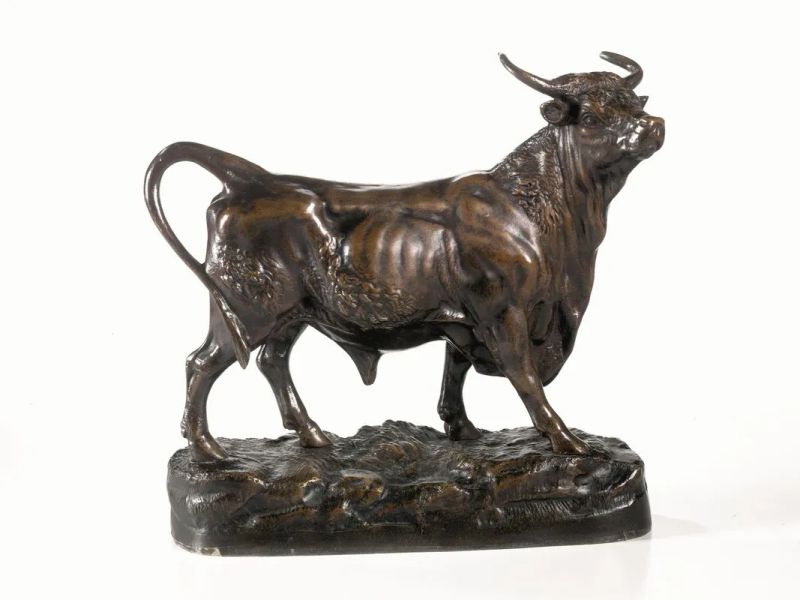 Scultura, Scuola francese, seconda met&agrave; sec. XIX, in bronzo raffigurante un toro, su base anch'essa in bronzo ad imitare il terreno. Firmato sulla base ARSON (Alphonse Alexandre Arson, Parigi 1822-1882), cm 26x28  - Auction European Furniture and Work of Arts - Pandolfini Casa d'Aste