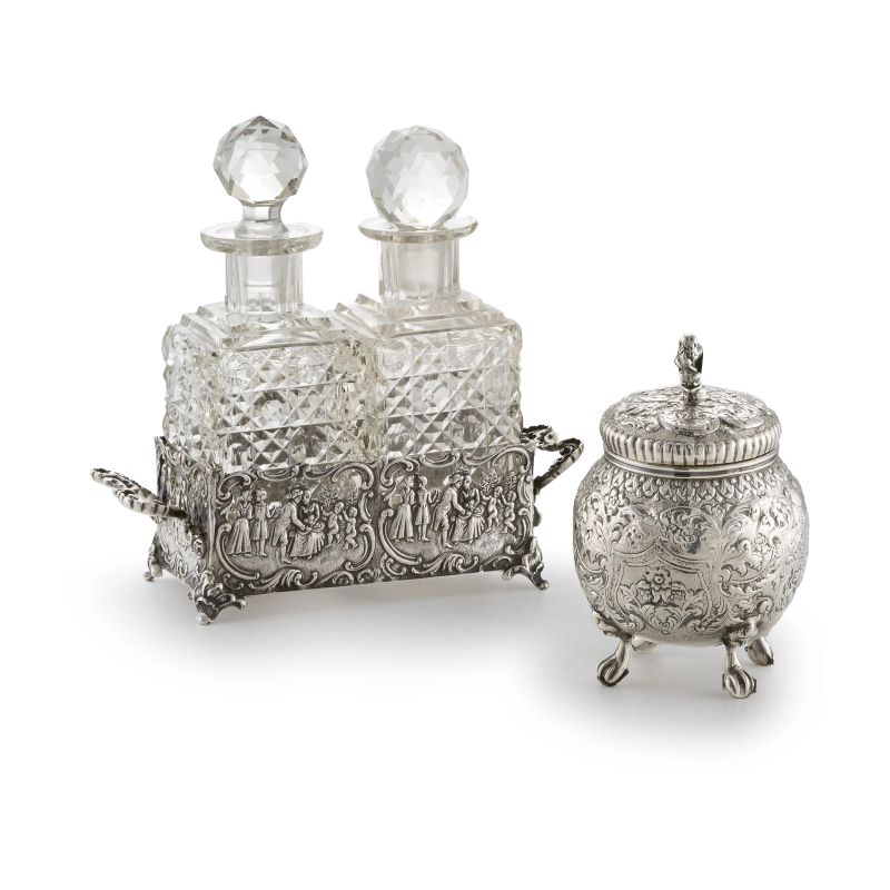 A SILVER AMPOULE HOLDER, GERMANY, 20TH CENTURY AND A SILVER TEA CADDY, HOLLAND, 19TH CENTURY WITH IMPORT MARKS IN LONDON IN 1891  - Auction Italian and european silvers - Pandolfini Casa d'Aste
