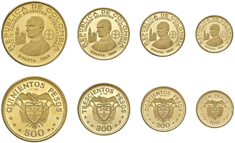 COLOMBIA. REPUBBLICA (DAL 1886). SERIE DI QUATTRO VALORI IN ORO (500, 300, 200, 100 PESOS 1968)  - Auction VENETIAN MEDALS. FOREIGN GOLD MEDALS AND COINS - Pandolfini Casa d'Aste