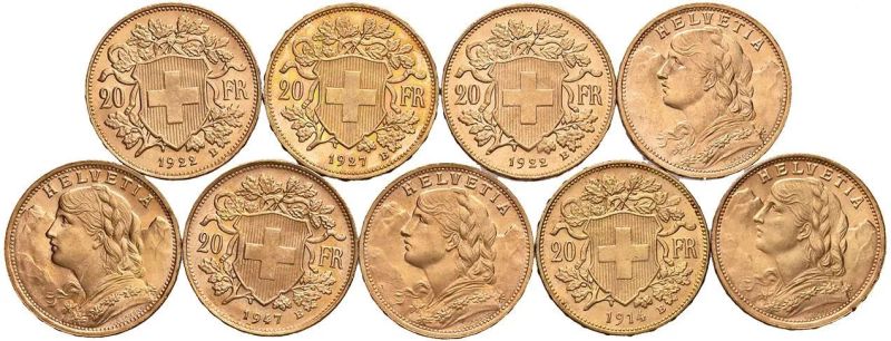 SVIZZERA NOVE MONETE DA 20 FRANCHI  - Auction MEDIEVAL AND MODERN COINS AND A PRESTIGIOUS COLLECTION OF THE ZECCA OF SIENA AND MONTALCINO - Pandolfini Casa d'Aste