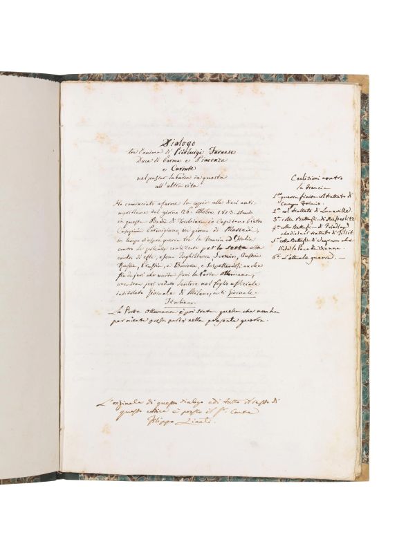 (Manoscritto) Dialogo tra l&rsquo;anima di Pierluigi Farnese e Caronte nel passar la barca da questa all&rsquo;altra vita. 1813.  - Auction Book, manuscripts AND AUTOGRAPHS - Pandolfini Casa d'Aste