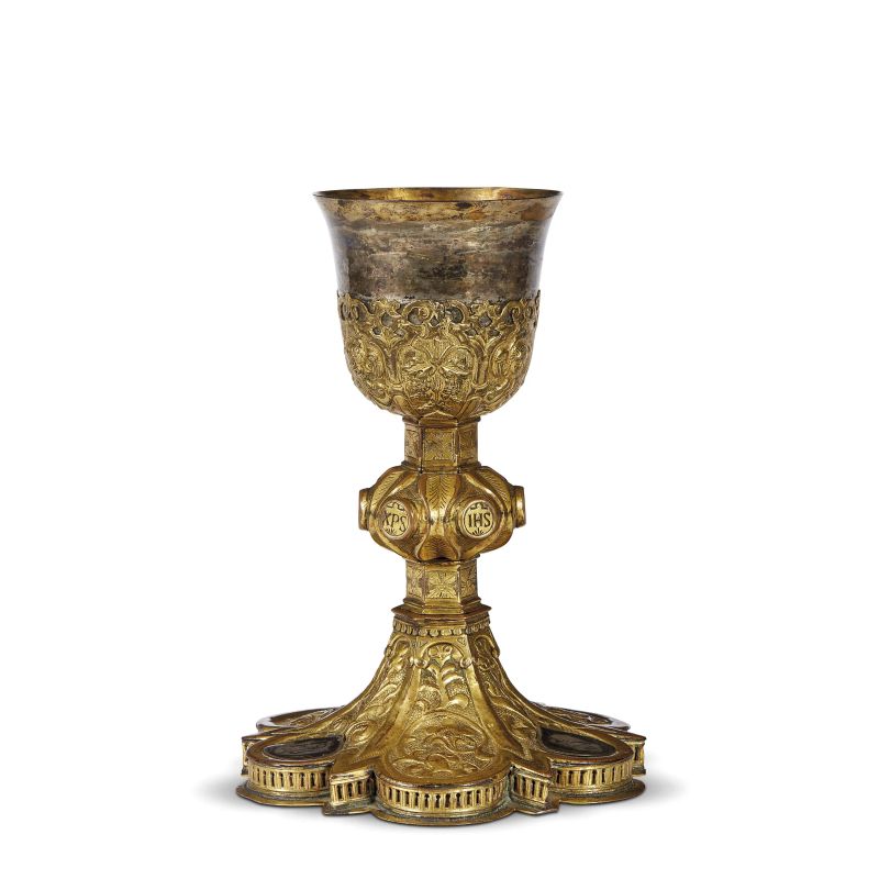 Lombard, late 15th century, A goblet, chiseled, engraved and gilded copper, h. 20,5, diam. 15,2 cm  - Auction Sculptures and works of art from the middle ages to the 19th century - Pandolfini Casa d'Aste