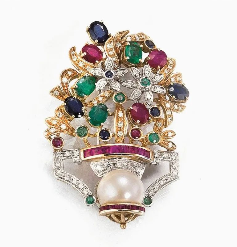 SPILLA PENDENTE IN ORO GIALLO 14 K, ORO BIANCO, RUBINI, ZAFFIRI, SMERALDI,  - Auction Fine Jewels and Watches - Pandolfini Casa d'Aste