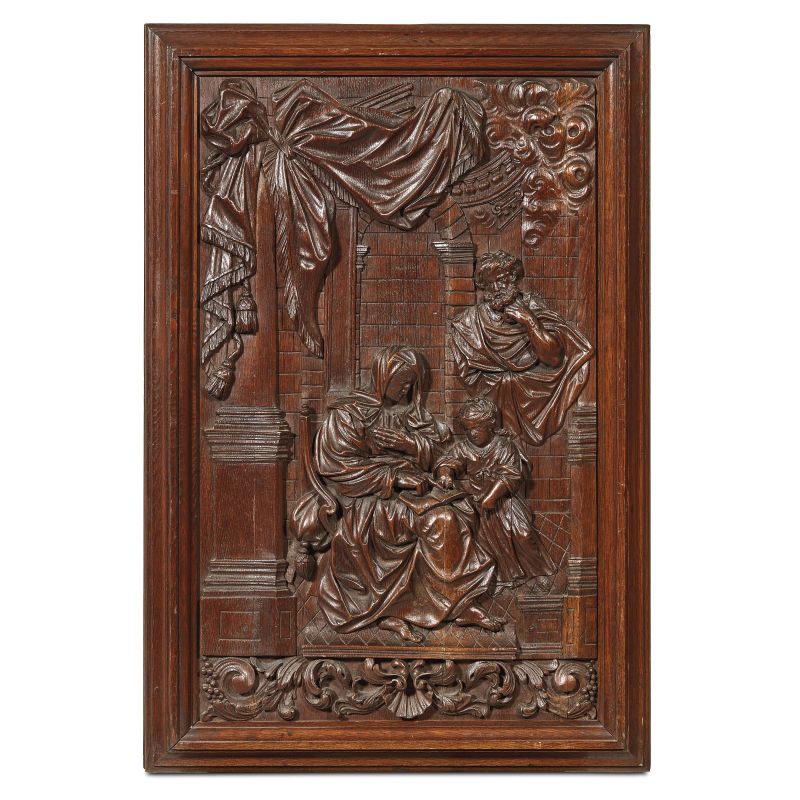 Tuscan, 18th century, A panel with the education of Mary, carved walnut, 91x61,5x6 cm  - Auction Sculptures and works of art from the middle ages to the 19th century - Pandolfini Casa d'Aste