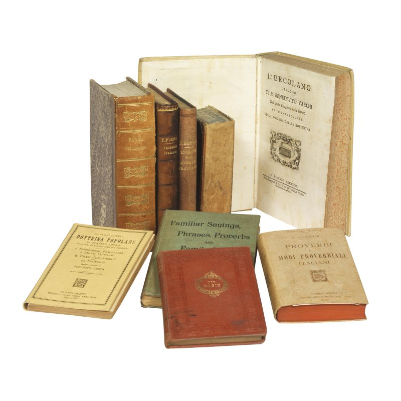 Lot of nine works on proverbs, mottoes and language, not collated. Translation of description and condition report upon request.  - Auction BOOKS, MANUSCRIPTS AND AUTOGRAPHS - Pandolfini Casa d'Aste