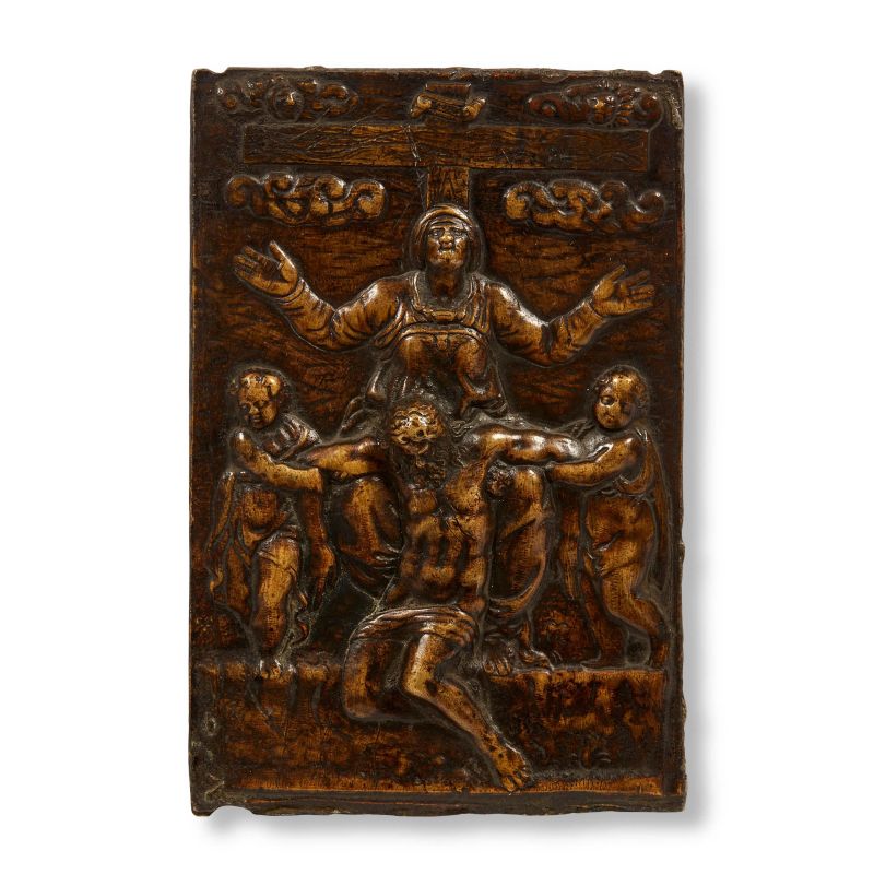 Roman School, mid 16th century, Pietà with Angels, bronze  - Auction PLAQUETTES, MEDALS, AND SMALL BRONZE SCULPTURES FROM THE COLLECTION OF MARIO SCAGLIA AND OTHER PROVENANCES - Pandolfini Casa d'Aste