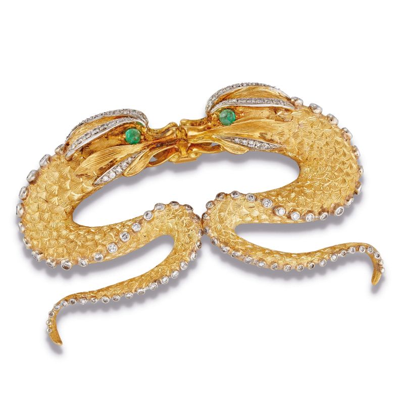 



DOUBLE TRITON-SHAPED PENDANT WITH DIAMONDS AND EMERALDS  - Auction JEWELS - Pandolfini Casa d'Aste