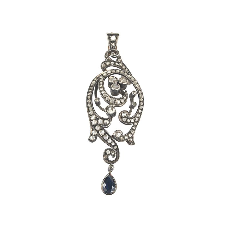 DIAMOND AND SYNTHETIC SAPPHIRE FLORAL BROOCH IN SILVER AND 18KT YELLOW GOLD  - Auction ARCADE |  JEWELS - Pandolfini Casa d'Aste