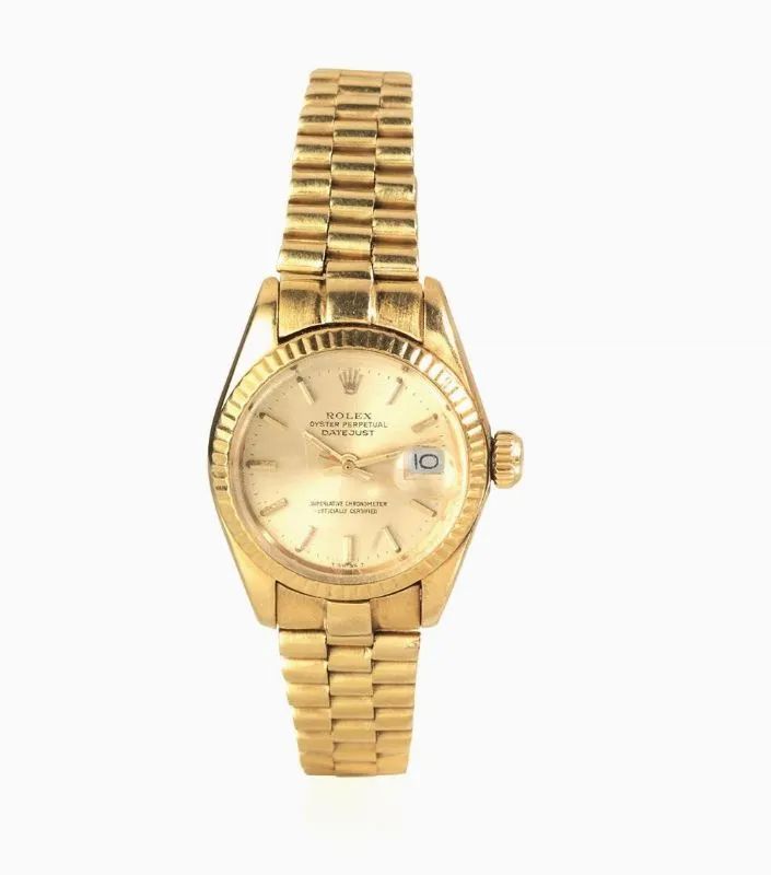 OROLOGIO DA POLSO ROLEX OYSTER PERPETUAL DATE JUST LADY REF. 6917, IN ORO GIALLO 18 KT  - Auction Silver, jewels, watches and coins - Pandolfini Casa d'Aste