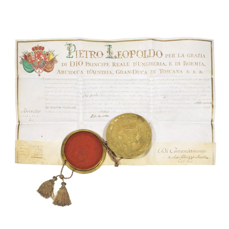 Patente di nobilt&agrave; del 1772: Pietro Leopoldo I di Toscana (1747-1792) concede il titolo di Conte al console Cosimo Conti.  - Auction TIMED AUCTION | BOOKS, MANUSCRIPTS AND AUTOGRAPHS, DRAWINGS AND PRINTS - Pandolfini Casa d'Aste