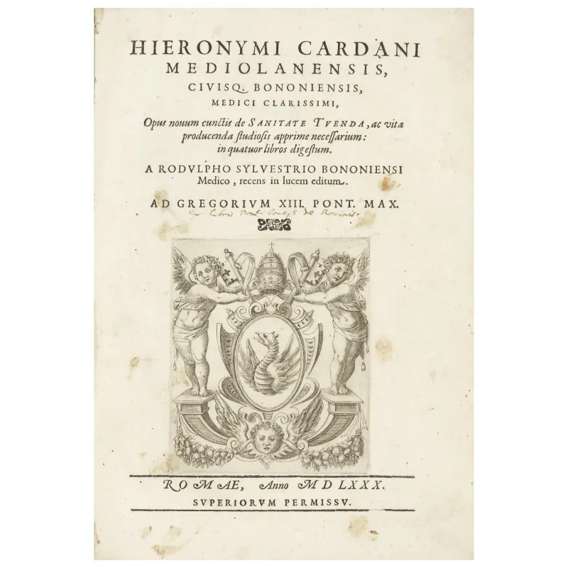 Cardano, Girolamo. Opus novum cunctis de sanitate tuenda, ac vita producenda studiosis apprime necessarium. Roma, Zanetti, 1580.  - Asta LIBRI, MANOSCRITTI, AUTOGRAFI E STAMPE - Pandolfini Casa d'Aste