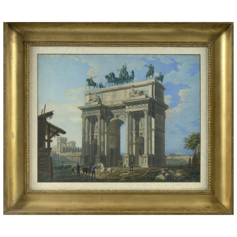 Migliara, Giovanni. Arco della Pace con l'Arena sullo sfondo. [Milano, Pozzi, inizi XIX secolo].  - Asta LIBRI, MANOSCRITTI, AUTOGRAFI E STAMPE - Pandolfini Casa d'Aste