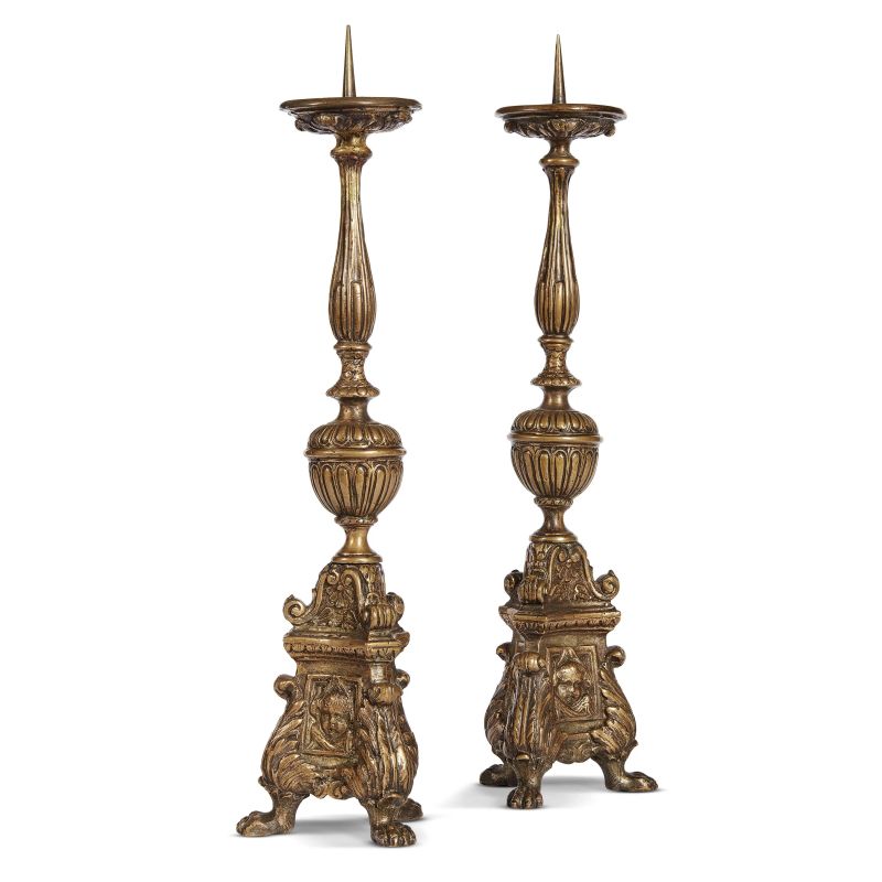 Venetian, early 17th century, a pair of candleholders, gilt bronze, 37,5x10x10 cm  - Auction Sculptures and works of art from the middle ages to the 19th century - Pandolfini Casa d'Aste