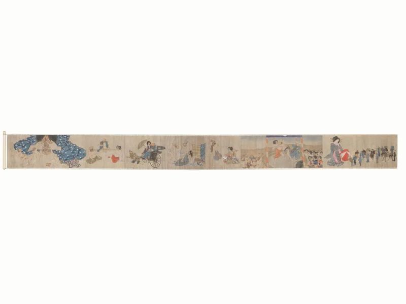Scroll Giappone sec.XIX-XX, dipinto&nbsp; su seta riportata su carta, a soggetti erotici, cm 29,5x334  - Asta Arte Orientale - Pandolfini Casa d'Aste