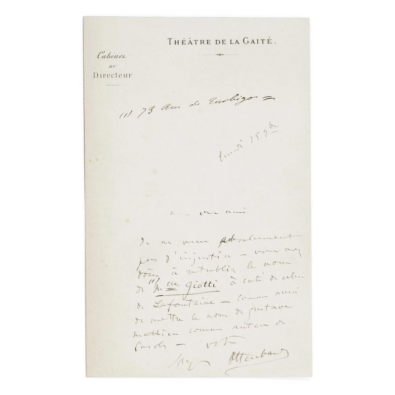 Letter from the father of Operetta, one of the most authoritative composers of popular music of the nineteenth century  - Auction BOOKS, MANUSCRIPTS,  AUTOGRAPHS AND PRINTS - Pandolfini Casa d'Aste