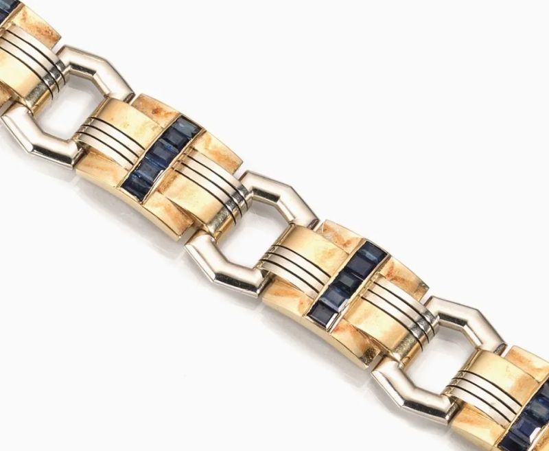 Bracciale, anni '40, in oro bianco e giallo a basso titolo e zaffiri  - Auction Important Jewels and Watches - I - Pandolfini Casa d'Aste