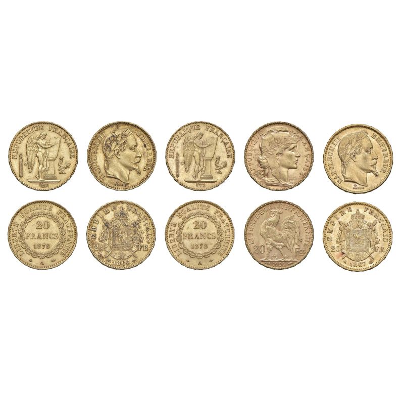 



FRANCIA. CINQUE MONETE DA 20 FRANCHI  - Auction COINS OF TUSCAN MINTS, HOUSE OF SAVOIA AND VENETIAN ZECHINI. GOLD COINS AND MEDALS FOR COLLECTION - Pandolfini Casa d'Aste