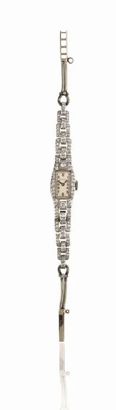 OROLOGIO PER SIGNORA LONGINES, MOV.N. 5’250’062, ANNI ’20, IN PLATINO, ORO E DIAMANTI  - Auction watches - II - Pandolfini Casa d'Aste