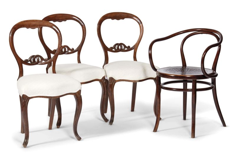 TRE SEDIE E UNA POLTRONCINA IN STILE THONET, SECOLO XX  - Auction TIMED AUCTION | PAINTINGS, FURNITURE AND WORKS OF ART - Pandolfini Casa d'Aste