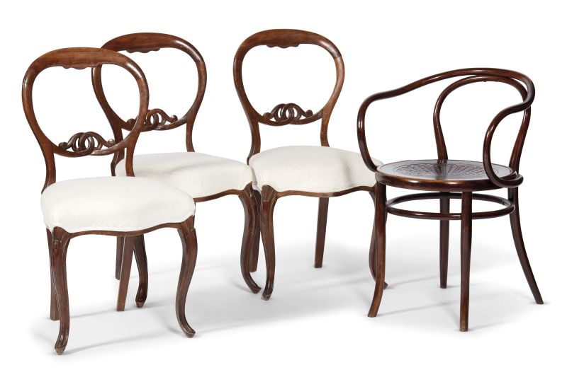 TRE SEDIE E UNA POLTRONCINA IN STILE THONET, SECOLO XX  - Asta ASTA A TEMPO | DIPINTI, MOBILI E OGGETTI D'ARTE - Pandolfini Casa d'Aste