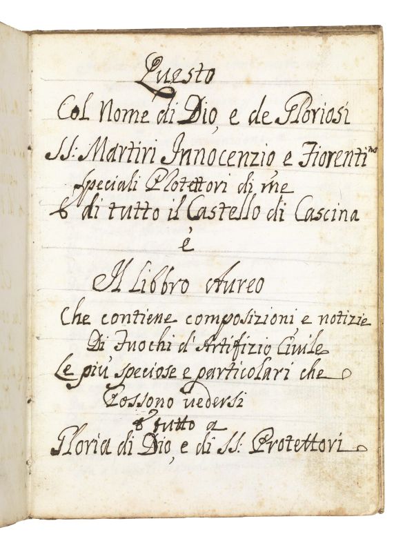 (Manoscritto &ndash; Pirotecnica) Il Libbro Aureo che contiene composizioni e notizie di Fuochi d&rsquo;Artifizio Civile le pi&ugrave; speciose e particolari che possono vedersi. Seconda met&agrave; del XVIII secolo.  - Auction Fine silver, Coins and Medals, Books - Pandolfini Casa d'Aste