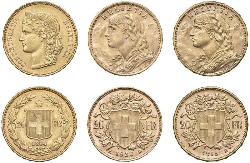 



SVIZZERA. TRE MONETE DA 20 FRANCHI  - Auction COINS OF TUSCAN MINTS, HOUSE OF SAVOIA AND VENETIAN ZECHINI. GOLD COINS AND MEDALS FOR COLLECTION - Pandolfini Casa d'Aste