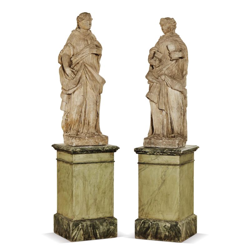 Northern Italy, 15th century, A pair of allegorical figures, stone, 100x34x22 cm and 102x34x22 cm  - Auction 15th to 19th CENTURY SCULPTURES - Pandolfini Casa d'Aste