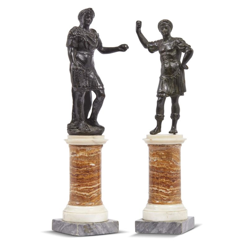 Venetian, 17th century, A couple of roman Emperors, bronze, cm 24,5 and 26, on a marble base, cm 45 and 47 (overall)  - Auction Sculptures and works of art from the middle ages to the 19th century - Pandolfini Casa d'Aste