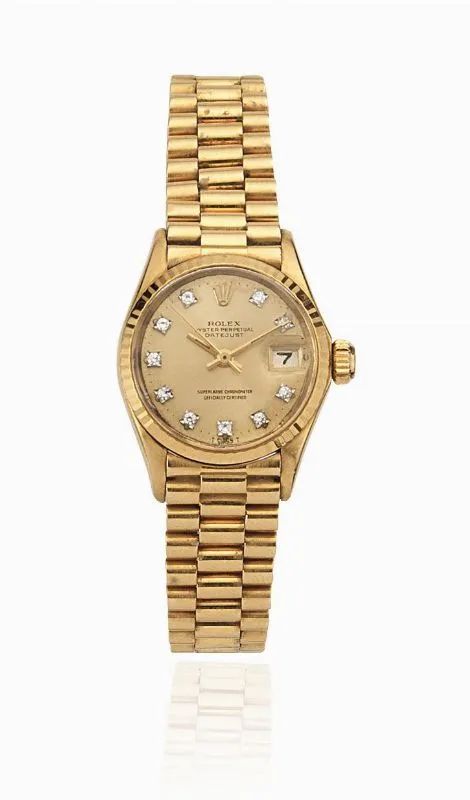 OROLOGIO DA POLSO ROLEX OYSTER PERPETUAL DATE JUST LADY, REF. 6516, CASSA N. 1'820'883, IN ORO GIALLO 18 KT E DIAMANTI, ANNO 1968  - Auction FINE JEWELS AND WATCHES - Pandolfini Casa d'Aste