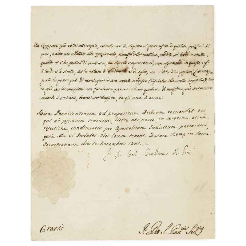 Unusual letter regarding the use of animal fat during fasting  - Auction BOOKS, MANUSCRIPTS,  AUTOGRAPHS AND PRINTS - Pandolfini Casa d'Aste
