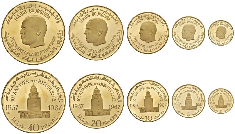 TUNISIA. REPUBBLICA (DAL 1957). SERIE COMPLETA DI CINQUE VALORI ORO 900 (40, 20, 10, 5, 2 DINARI 1967) PER IL 10° ANNIVERSARIO DELLA REPUBBLICA. MINTAGE 8.000  - Asta AUREA - Pandolfini Casa d'Aste