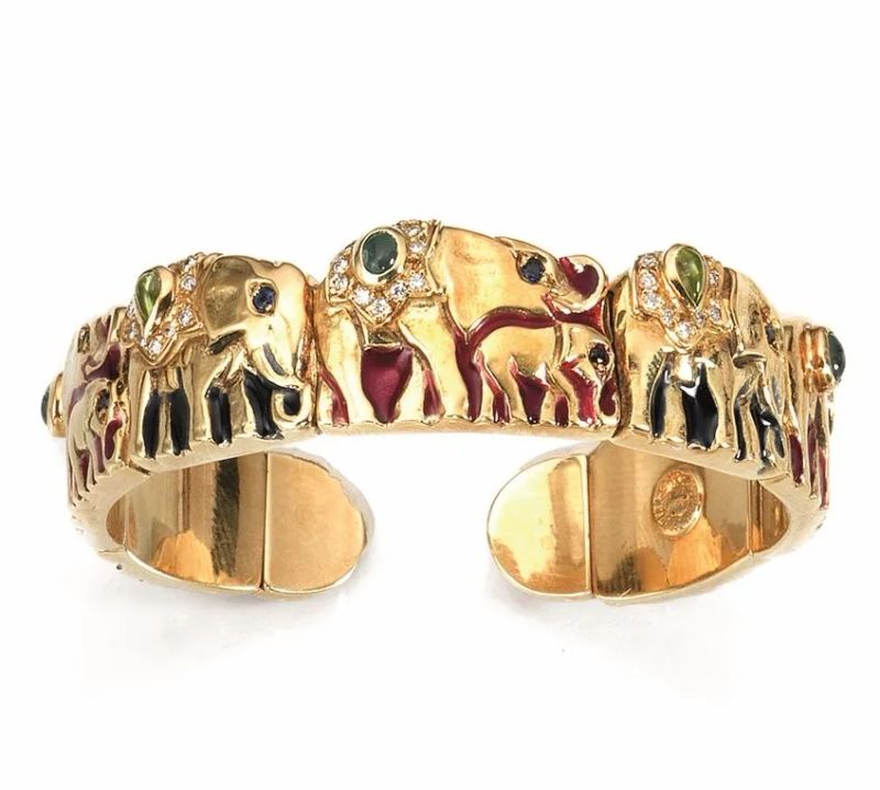 Bracciale in oro giallo, smalti, pietre di colore e diamanti  - Auction Important Jewels and Watches - I - Pandolfini Casa d'Aste