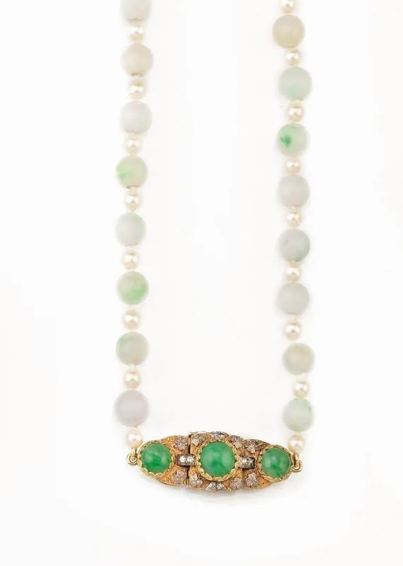 COLLANA IN ORO GIALLO, ORO BIANCO, GIADEITE, PERLE&nbsp; E DIAMANTI  - Auction Fine Jewels and Watches - Pandolfini Casa d'Aste