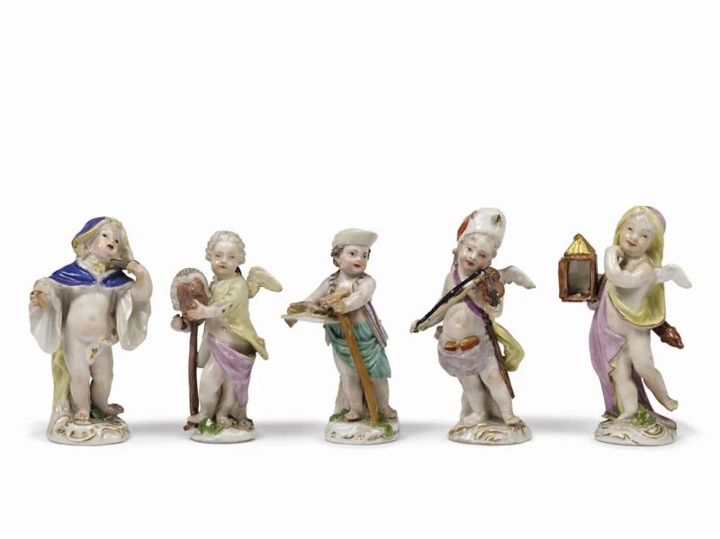 CINQUE FIGURINE, MEISSEN, SECONDA MET&Agrave; SECOLO XVIII  - Auction The charm and splendour of maiolica and porcelain: the Pietro Barilla Collection and an important Roman collection - Pandolfini Casa d'Aste