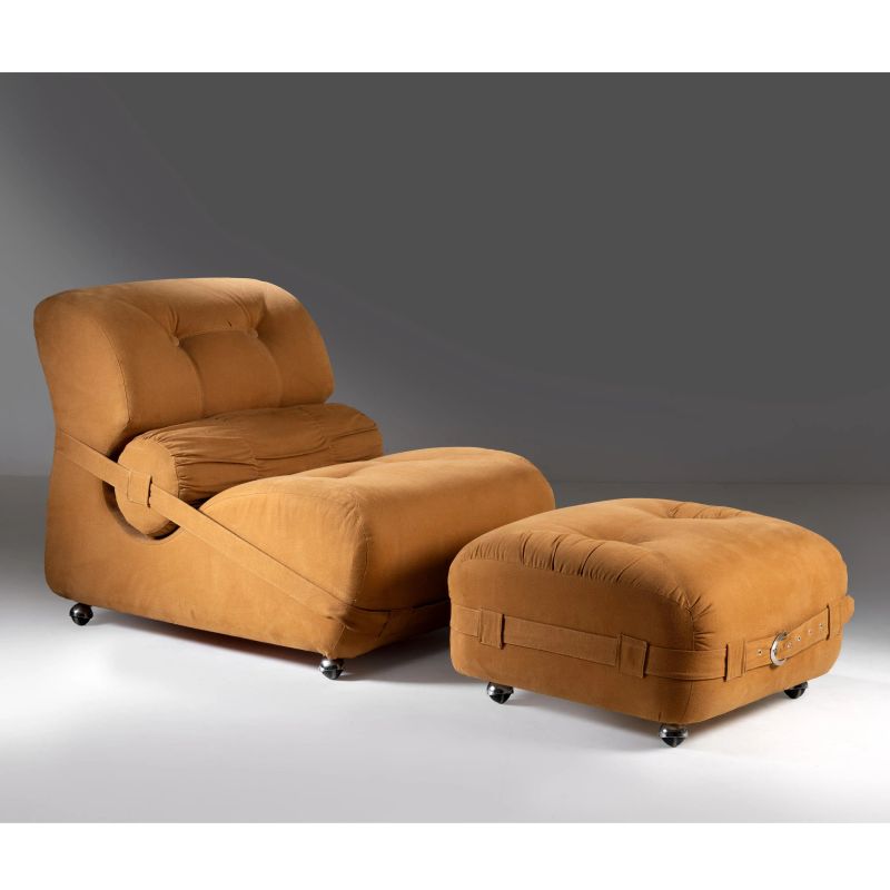 



AN ARMCHAIR AND A FOOTREST, BROWN FABRIC UPHOLSTERED&nbsp;   - Auction DESIGN AND DECORATIVE ARTS - Pandolfini Casa d'Aste