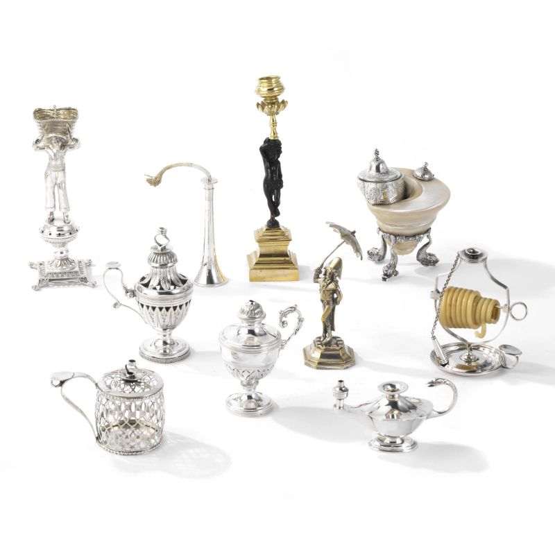 INKWELL, LONDON, 1861; TWO TOOTHPICK HOLDERS, 20TH CENTURY; CANDLESTICK, 20TH CENTURY; SIX WICKS, 20TH CENTURY  - Auction TIME AUCTION| SILVER - Pandolfini Casa d'Aste