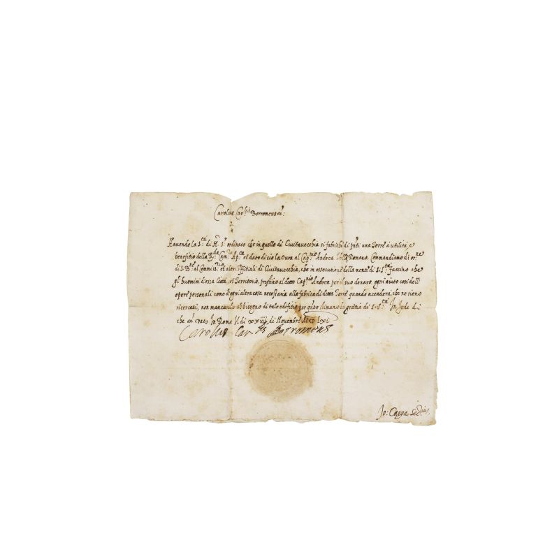 BORROMEO, San Carlo (1538-1584).     Lettera firmata &ldquo;Carolus Car.lis Borromeus&rdquo;, di argomento di difesa militare, scritta a Roma il 24 novembre 1561  , una pagina di 285 x 210 mm, sigillo cartaceo in calce, nella quale il Cardinale richiede agli abitanti di Civitavecchia di prestare al Capitano Andrea Velli, incaricato di costruire una torre nel porto, &ldquo;ogni aiuto cos&igrave; dell&rsquo;opere personali come d&rsquo;ogne altra cosa necessaria&rdquo;. -- Tracce del tempo.  - Auction TIMED AUCTION | BOOKS, MANUSCRIPTS AND AUTOGRAPHS, DRAWINGS AND PRINTS - Pandolfini Casa d'Aste