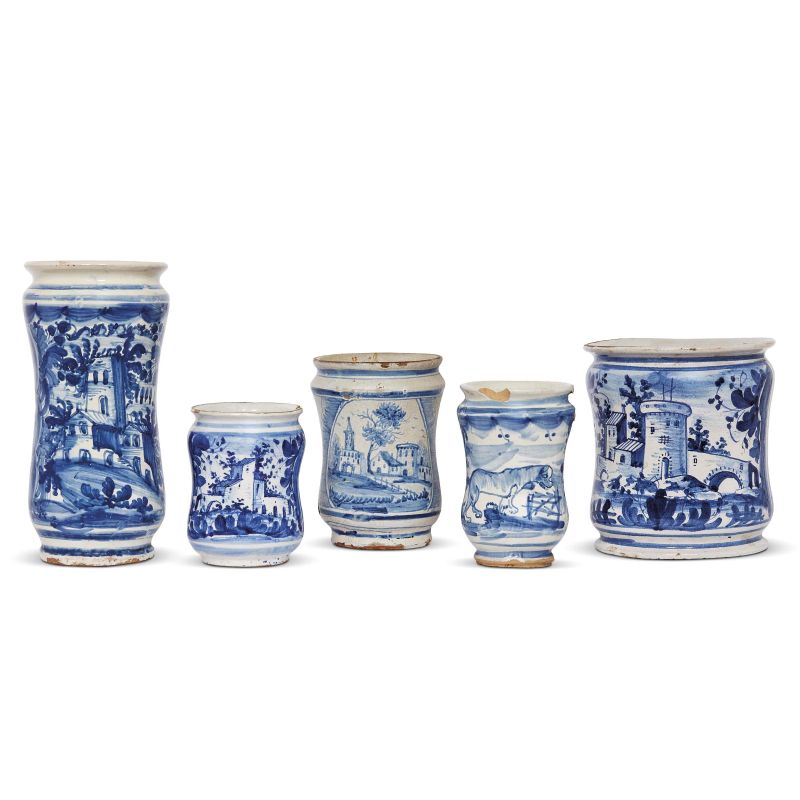 FIVE PHARMACY JARS (ALBARELLI), CERRETO SANNITA OR NAPLES, LATE 18TH CENTURY  - Auction A COLLECTION OF MAJOLICA APOTHECARY VASES - Pandolfini Casa d'Aste