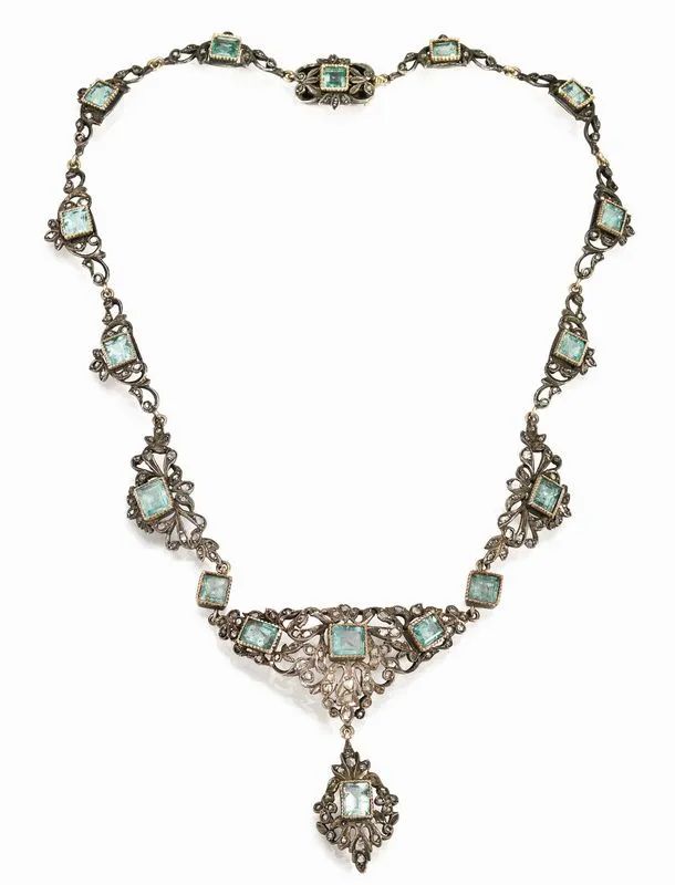 Collana, sec. XIX, in argento, oro giallo, diamanti e smeraldi  - Auction Important Jewels and Watches - I - Pandolfini Casa d'Aste