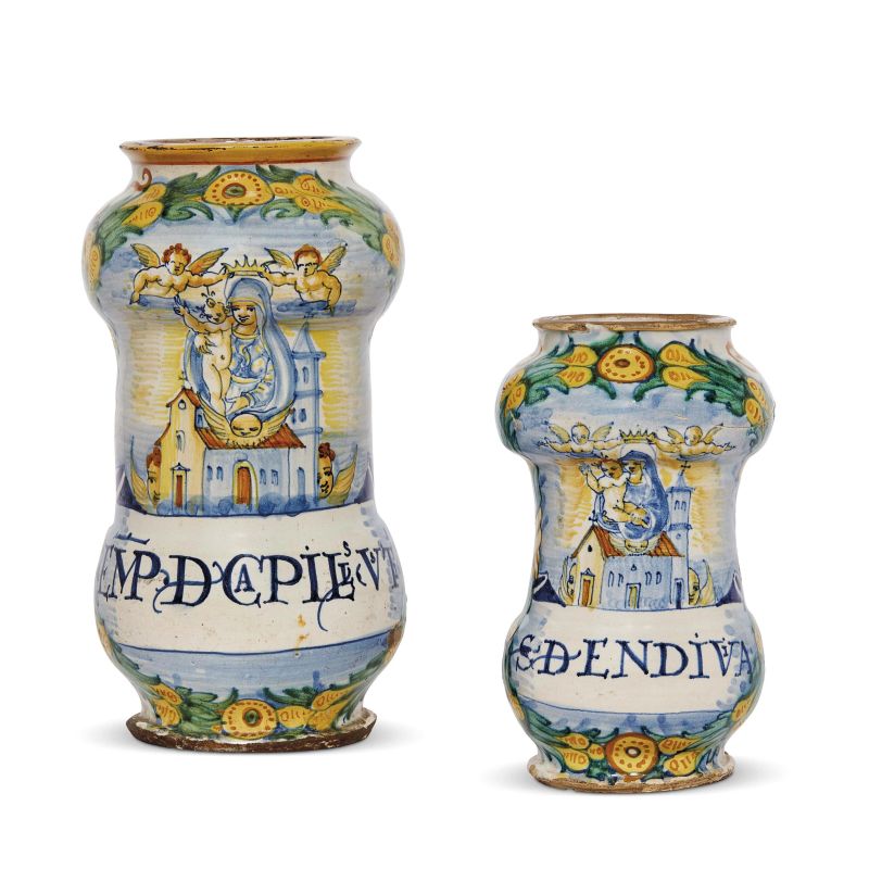 TWO PHARMACY JARS (ALBARELLI), URBANIA, LATE 16TH- EARLY 17TH CENTURY  - Auction A COLLECTION OF MAJOLICA APOTHECARY VASES - Pandolfini Casa d'Aste