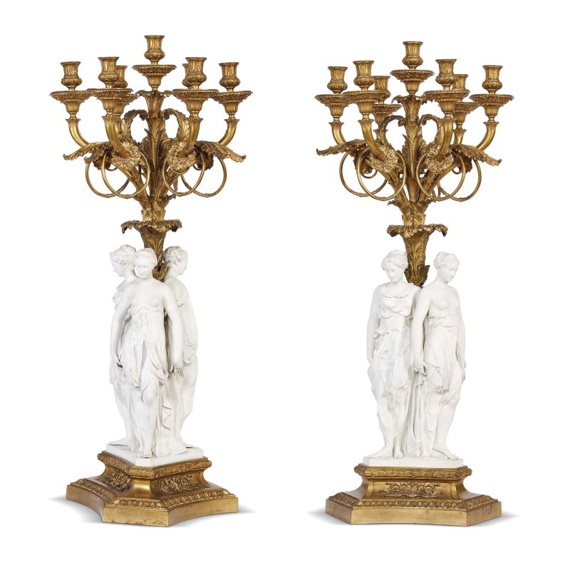 COPPIA DI GRANDI CANDELABRI, FRANCIA, SECOLO XIX  - Asta INTERNATIONAL FINE ART E UNA IMPORTANTE COLLEZIONE DI PENDOLE “AU BON SAUVAGE” - Pandolfini Casa d'Aste