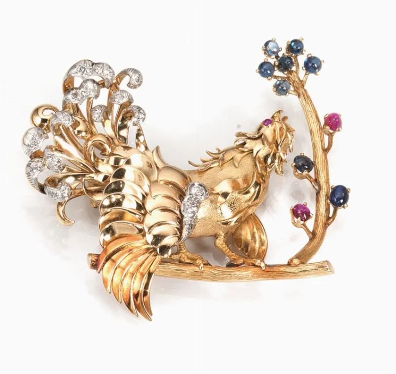 Spilla in oro giallo, rubini, zaffiri e diamanti  - Auction Important Jewels and Watches - I - Pandolfini Casa d'Aste