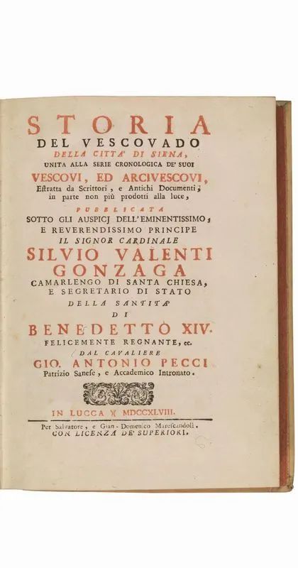 (Siena) PECCI, Giovanni Antonio. Storia del vescovado della Città di Siena.  - Auction Books, manuscripts and autographs - Pandolfini Casa d'Aste